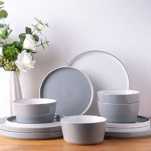 AmorArc Ceramic Dinnerware Sets for 4,12 -Piece Double Color Stoneware Plates and Bowls Set,Chip and Crack Resistant | Dishwasher & Microwave Safe Dishes Set,Service for 4 -White &Gray