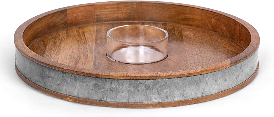 BIRDROCK HOME Wooden and Iron Chip and Dip Serving Tray- Glass Dip Bowl - Salsa Appetizer Serveware - Veggie, Shrimp, Guacamole, Cheese, Chips, or Pita Tray - Party Platter - Extra Large