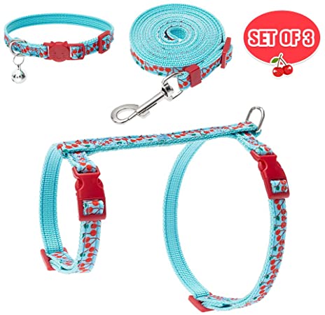 EXPAWLORER Cat Harness Leash Collar Set - H Style with Cherry Pattern, Adjustable Escape Proof for Outdoor Walking