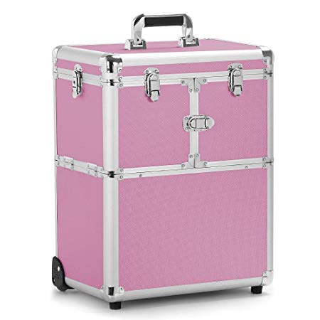 Yaheetech Professional Rolling Makeup Artist Case Portable Travel Makeup Trolley Cosmetic Case Beauty Train Case Cosmetic Organizer Pink