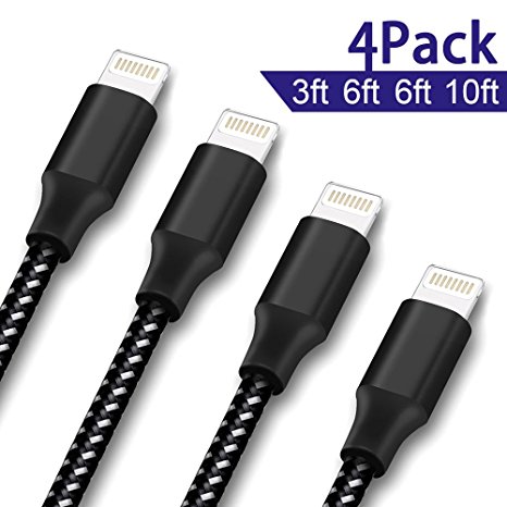 iPhone Cable,AOFU Lightning Cable 4 Pack 3FT 6FT 6FT 10FT Nylon Braid Cord to USB Syncing and Charging Cable for iPhone 7/7 Plus/6/6 Plus/6s/6s Plus/5/5s/5c/SE and more(Black&White)