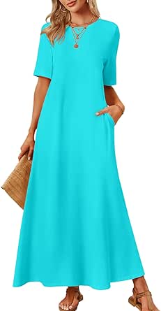 MEROKEETY Women's 2024 Summer Short Sleeve Maxi Dress Casual Crewneck Swing A Line Long T Shirt Dress with Pockets