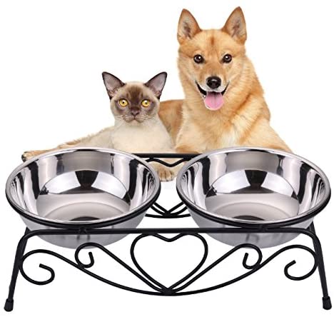 VIVIKO Pet Feeder for Dog Cat, Stainless Steel Food and Water Bowls with Iron Stand (Small)