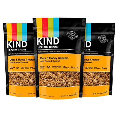 KIND Healthy Grains Granola Clusters, Oats and Honey with Toasted Coconut, Gluten Free, 11 Ounce Bags, 3 Count