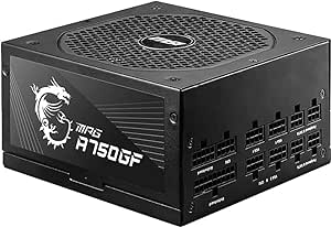 MSI MPG A750GF Alimentatore, Spina EU - 750W, Certificato 80 Plus Gold, PSU ATX Completamente Modulare, supporto GPU 3 x 6 2 Pin, Condensatori Giapponesi 105°C, Cavi Neri Piatti