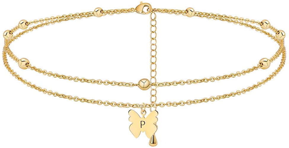 Butterfly Initial Anklet Layered Butterfly Letters A to Z Alphabet Beads Chain Ankle Bracelet 14K Real Gold Plated for Women