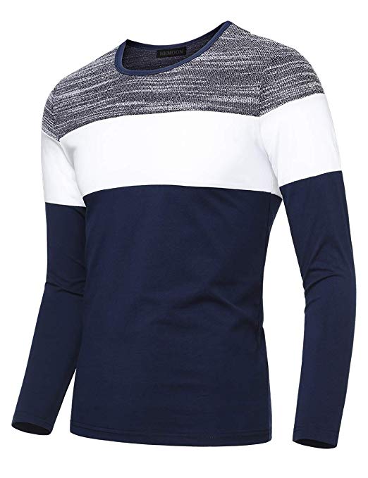 HEMOON Men's Casual Slim Fit Contrast Color Long Sleeve T-Shirt Tee