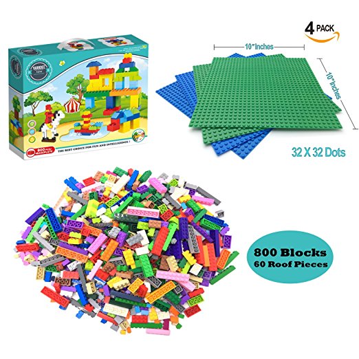 4 Baseplates + 800 Toy Building Bricks Blocks 100% Compatible with All Major Brands Large Sheets 10x10 Inches great for Activity Table Boards 2 Blue 2 Green