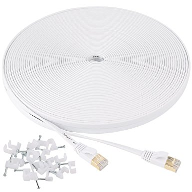 Cat7 Ethernet Cable Flat with clips, jadaol Ethernet Patch Cable with Snagless Shielded (STP) Rj45 Connectors - 100 Feet White (30meters)