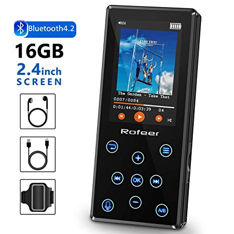 MP3 Player, 16GB MP3 Player with Bluetooth 4.2 HiFi Lossless Sound Portable Digital Music Player FM Radio Voice Recorder E-Book 2.4'' LCD, Support up to 128GB with Earphone & Armband