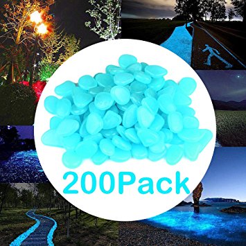 ONSON 200pcs Glow in the Dark Garden Pebbles,Glow Stones Rocks for Walkways Outdoor Decor Aquarium Fish Tank Garden Decorative Stones for Path Lawn Yard Walkway -Blue