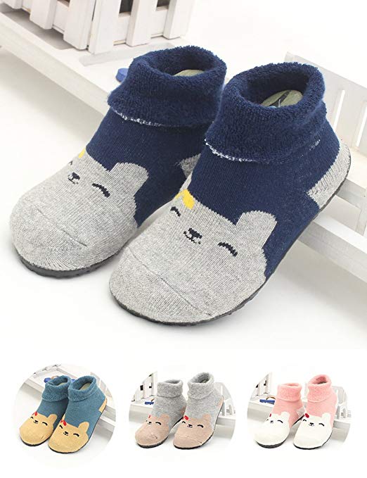 Baby Boys Girls Slipper Socks Floor Walkers Shoes Socks Rubber Bottom Soles Non Skid Non Water Protect Feet