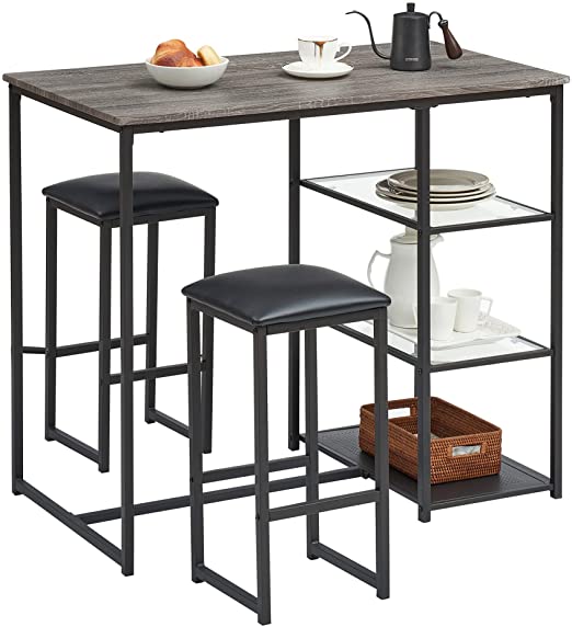 VECELO Kitchen Bar Table Dining Set for 2, High Top, PU Padded Chairs, Space Saving and Storage Shelves, Black