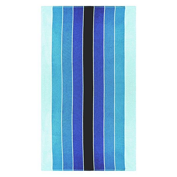 Superior Luxurious 100% Cotton Beach Towels, Oversized 34" x 64", Soft Velour Cotton and Absorbent Cotton Terry, Thick and Plush Striped Beach Towels - Blue Pacific Ombre Stripes