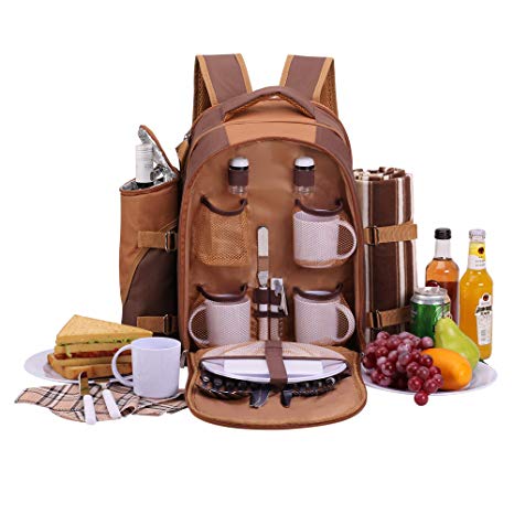 APOLLO WALKER Picnic Backpack Bag for 4 Person with Cooler Compartment, Detachable Bottle/Wine Holder, Fleece Blanket(45"x53"), Coffee Mugs,Plates and Cutlery (Brown)