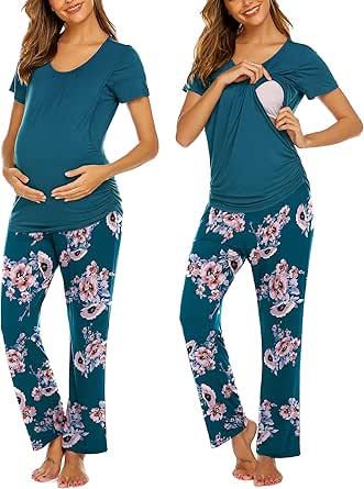 Ekouaer Women's Maternity Nursing Pajamas Set Breastfeeding Sleepwear Double Layer Short Sleeve Top & Pants Pregnancy PJS