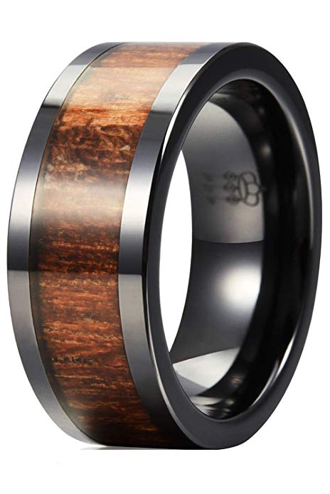 THREE KEYS JEWELRY 8MM 6MM Black Ceramic Wedding Ring with Koa Wood Inlay Flat Wedding Band Ring