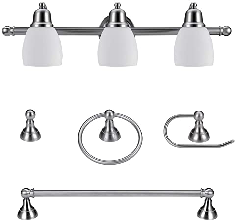 Globe Electric 51229 Jayden 5-Piece All-In-One Bathroom Set, Satin Nickel, 3-Light Vanity Light with White Opal Glass Shades, Towel Bar, Toilet Paper Holder, Towel Ring, Robe Hook