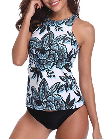 Holipick Women Two Piece Plus Size Sexy Backless High Neck Halter Floral Printed Top with Hipster Bottoms Tankini Set