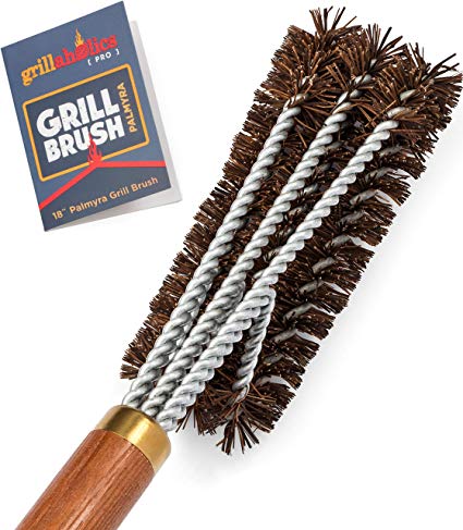 Grillaholics Pro Grill Brush Palmyra - Better Than a Bristle Free Grill Brush Natural Palmyra Bristle Brushes Clean Between The Grates and Season Your Grates