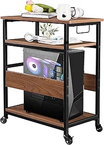 PrimeZone 3 Tier Computer Tower Stand - Height Adjustable PC Tower Stand Under Desk, CPU Stand with Lockable Caster Wheels, Rolling Printer Cart for Floor, Computer Stand for Office, Walnut