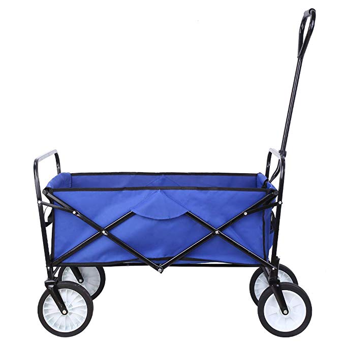 Collapsible Outdoor Utility Wagon, Heavy Duty Folding Garden Portable Hand Cart, with 8" Rubber Wheels and Drink Holder, Suit for Shopping and Park Picnic, Beach Trip and Camping (Blue)