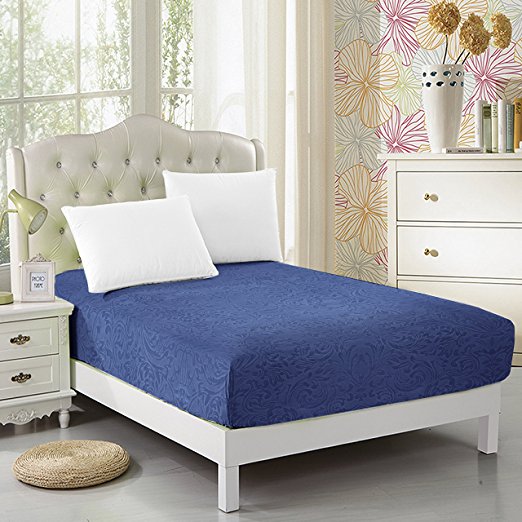 CC&DD-Fitted sheet,Velvety Brushed Microfiber,Twin-XL/Twin/Full/Queen/King (Queen, Midnight blue-Paisley Embossed)