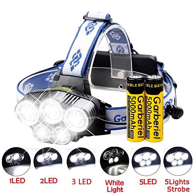 Garberiel 5000LM LED Tactical Headlamp 5 XM-L T6 Waterproof Flashlight Torch 5 Modes Headlight with Rechargeable Batteries and USB Cable for Hiking Camping Outdoor Riding Night Fishing (White Light)