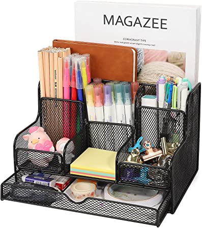 MoKo Desk Organizer with Drawer, Mesh Office Supplies Caddy Stationary Accessories Storage Desktop Holder with 7 Compartments for Notebook, Pens, Pencils, Makeups, Small Household Supplies, Black