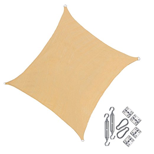 RainLeaf 10' x 10' Square Sun Shade Sail for Outdoor and Patio with Hardware Kit, 2nd Generation, Desert Sand