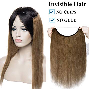 16" One Piece Straight Remy Human Hair Miracle Secret Invisible Wire Hair Extensions - No Clip No Glue - Hairpieces for Women [40cm,60g,#6 Light Brown]