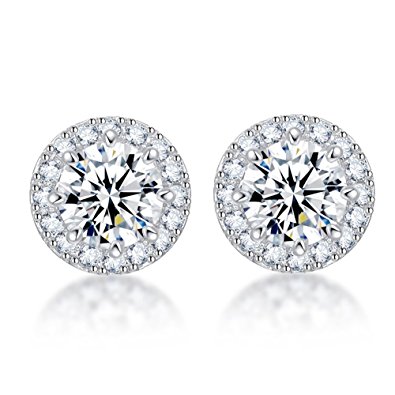 SENCLE S925 Sterling Silver with 18K White Gold Plated Cubic Zirconia Halo Stud Earrings for Women