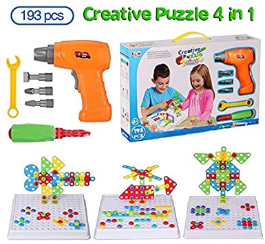 BeebeeRun 4 in 1 Electric Drill Toy Set, Creative Puzzles Assembly DIY Toy, Construction Building Toy, 193 PCS with 18 Animal Cards