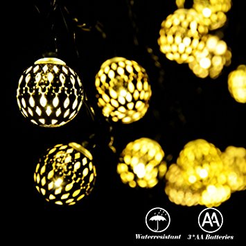 RECESKY Battery Operated Moroccan Ball String Lights 40 LED 25.8ft Waterproof Lantern Decor lighting for Outdoor Indoor Garden Patio Yard Home House Party Curtain Christmas Decorations (Warm White)