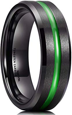 King Will Loop Mens 7mm Black Brushed Grooved Green Thin Line Tungsten Carbide Wedding Ring Beveled Edge