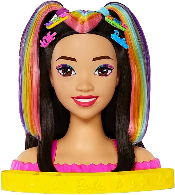 Barbie Totally Hair Styling Doll Head & 20  Accessories, Color Reveal & Color-Change Pieces, Straight Black Neon Rainbow Hair