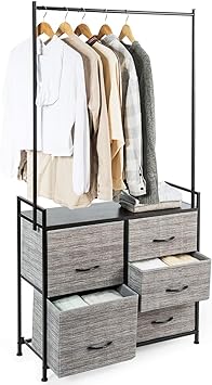 COSTWAY Clothes Hanging Rail, Coat Shoes Display Wardrobe Closet with Drawers, Home Bedroom Living Room Clothing Storage Organiser Stand Garment Rack (Light Grey, 5 Drawers)