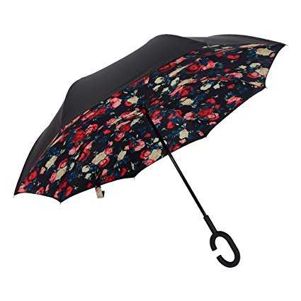 Double Layer Inverted Umbrella, silkclo Windproof Protection Cars Reverse Umbrella and Self Standing with C-shaped Handle Travel Umbrella with Carrying Bag