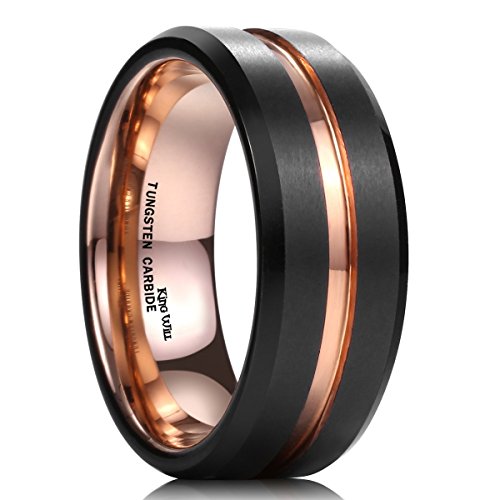 King Will Mens 8mm Black Matte Finish Tungsten Carbide Ring 18K Rose Gold Plated Beveled Edge Wedding Band
