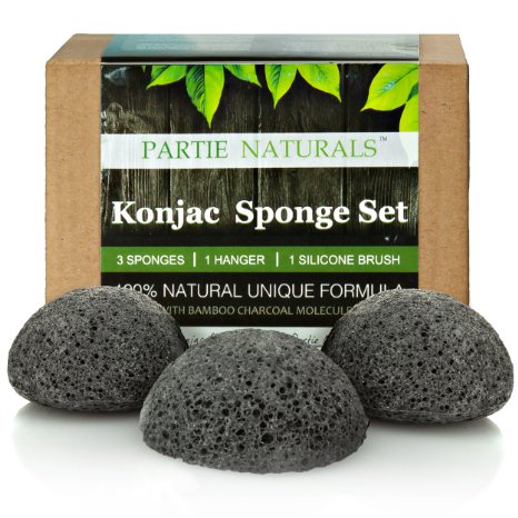 Konjac Sponge 3 Pack and Silicone Brush By Partie Naturals Activated Charcoal - Facial Sponge 100 Natural Sponge Suction Hook Included