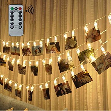 [2017 Updated Version] LED Photo Clip string light (Remote & Timer, 8 Modes), FengNiao 40pcs Photo Hanger Clips with Fairy Lights LED Picture Light Battery Powered for Decoration Hanging Photo, Notes, Artwork (Warm White)
