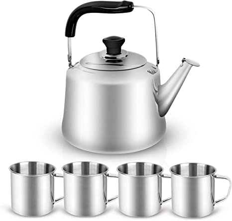 Odoland 4L Camping Kettle Set with 4 Cups, Durable Stainless Steel Camp Tea Coffee Water Pot with 4 Cups for Hiking, Backpacking, Outdoor Camping and Picnic, Carrying Bag Included