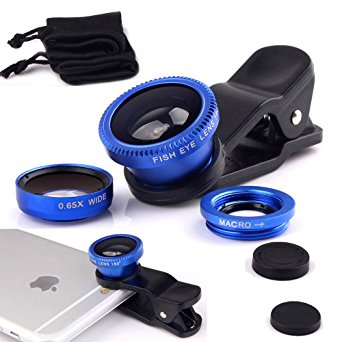 Luxsure iphone Lens,Universal 3 in 1 Mobile Camera Lens (180 Degree Fisheye Lens, 0.65X Super Wide Angle Lens,10X Macro Lens) for iPhone 7/6s Plus/6s/6/6 Plus,Samsung & Most Smartphones (Blue)