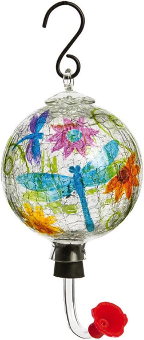 Evergreen Garden Painted Glass Hummingbird Feeder with Crackle Effect, Dragonfly