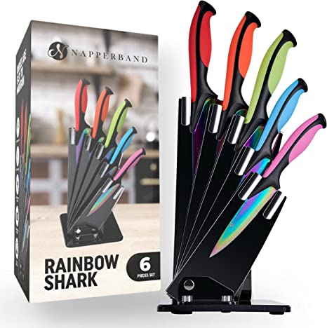 Napperband 6 Piece Rainbow Colour Coded Kitchen Knife Set with Stand - Titanium Coated Stainless Steel