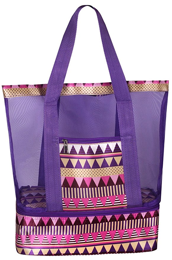 Beach Tote Bag with Mesh Top and Insulated Picnic Cooler Compartment