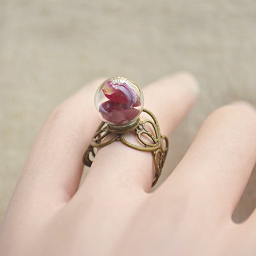 Red Rose Real Flower Glass Ball Heart Copper Resizable Rings