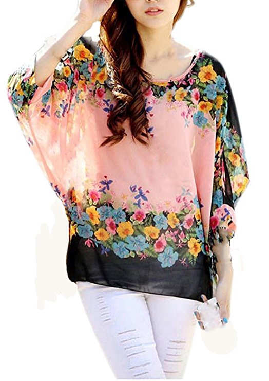 iNewbetter Womens Floral Batwing Sleeve Beach Loose Blouse Tunic Tops