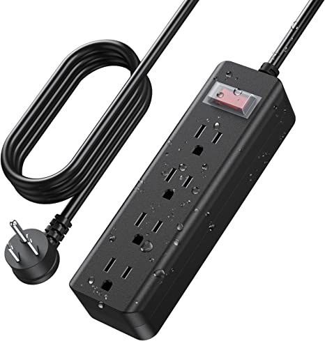 CCCEI Outdoor Waterproof 10 FT Flat Plug Extension Cord Power Strip,1500J Surge Protector Weatherproof Indoor Exterior Multiple Outlet, 10 Foot Extra Long, 3 Prong, 4 Outlets, Black. (Black, 10FT)