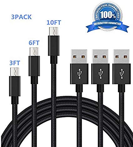 Micro USB Cable, SUPZY Nylon Braided High Charging Cord Fast Charger Cable for Android Devices, Samsung Galaxy S7/S6/S5/Edge,Note 5/4/3,HTC,LG,Nexus and More (BLACK) (3PACK 3FT 6FT 10FT)